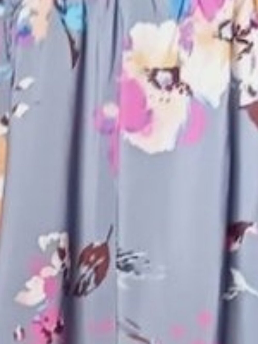 Bohemian Gray & Blue Multi Floral Print Dress Button Front Big Sleeves.